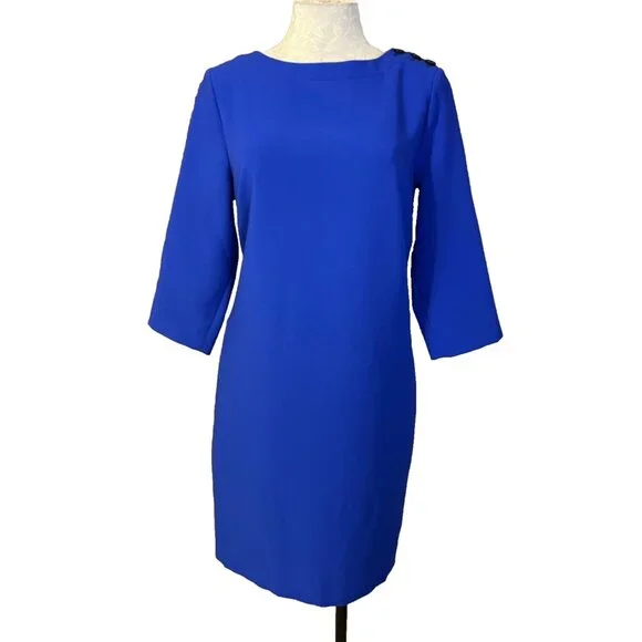 Banana Republic Dress 10 Blue 3/4 Long Button Shoulder Stretch Sleeve Sheath - Picture 2 of 7